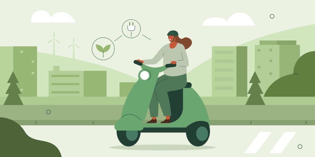 Character living sustainable lifestyle and driving e-scooter in modern city. Electric transportation and eco friendly vehicle concept. Vector illustration.